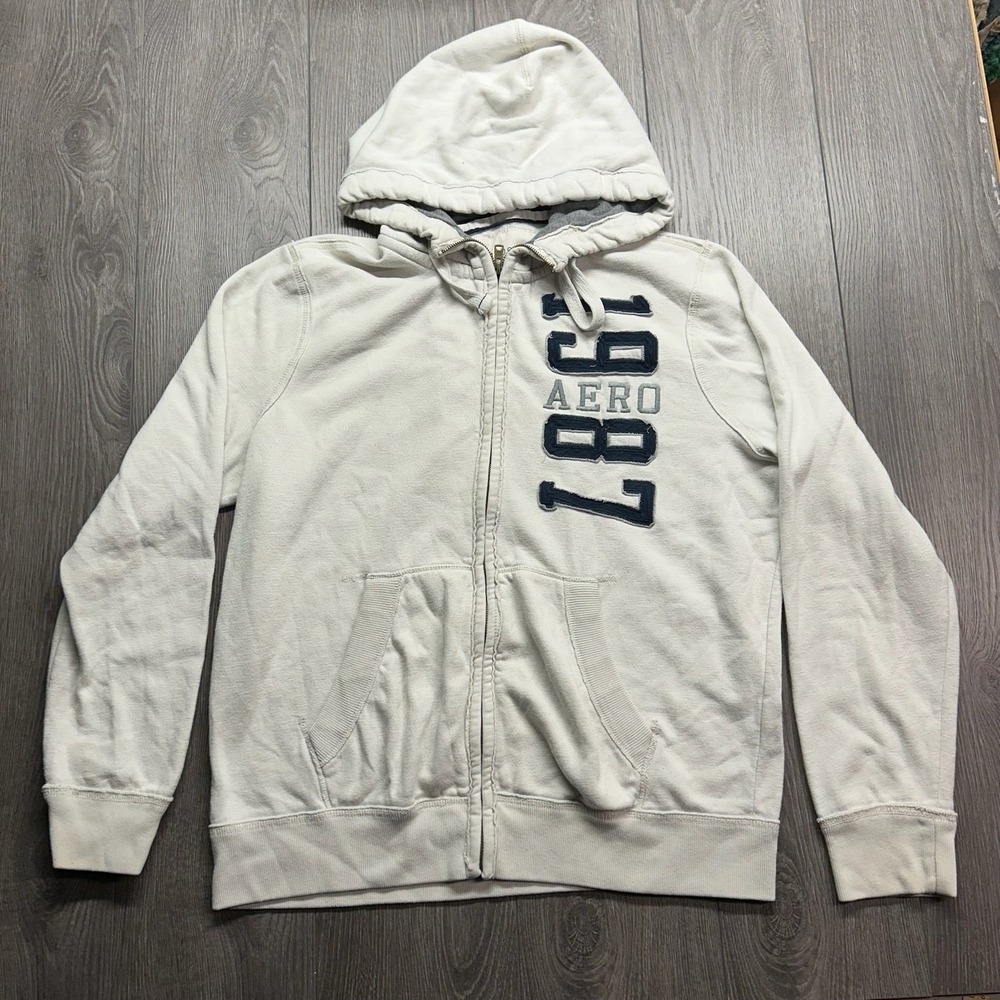 Aeropostale Womens XL Cream Full Zip Hoodie 1987 Aero Applique Y2K XL